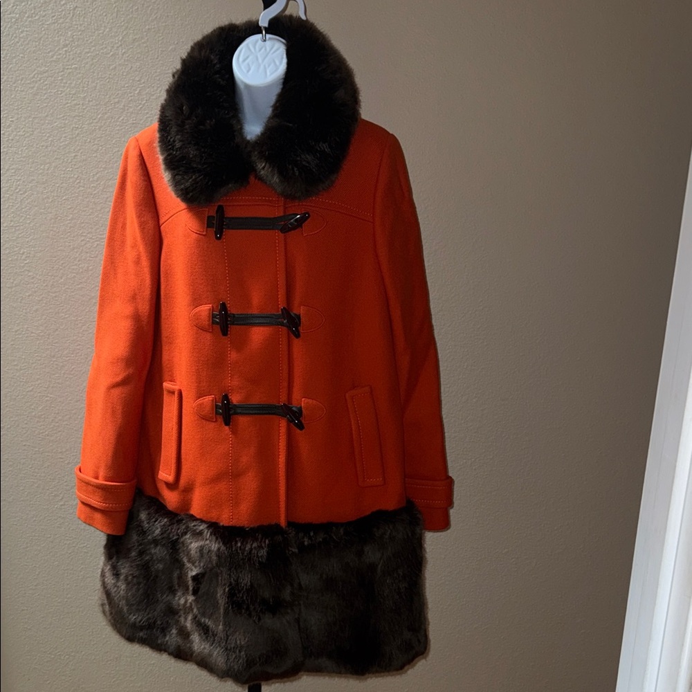 NWOT Kate Spade x Florence Broadhurst Orange Faux Fur Trimmed Allie Coat Size 8
